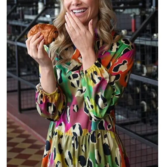 Mucho Gusto Women's Multicolor Leopard San Rafael Short Tiered Dress Size L - Picture 4 of 5